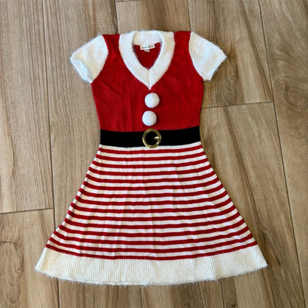 Derek Heart Sweater Dress women’s S Red White Striped Santa Holiday Pom Pom